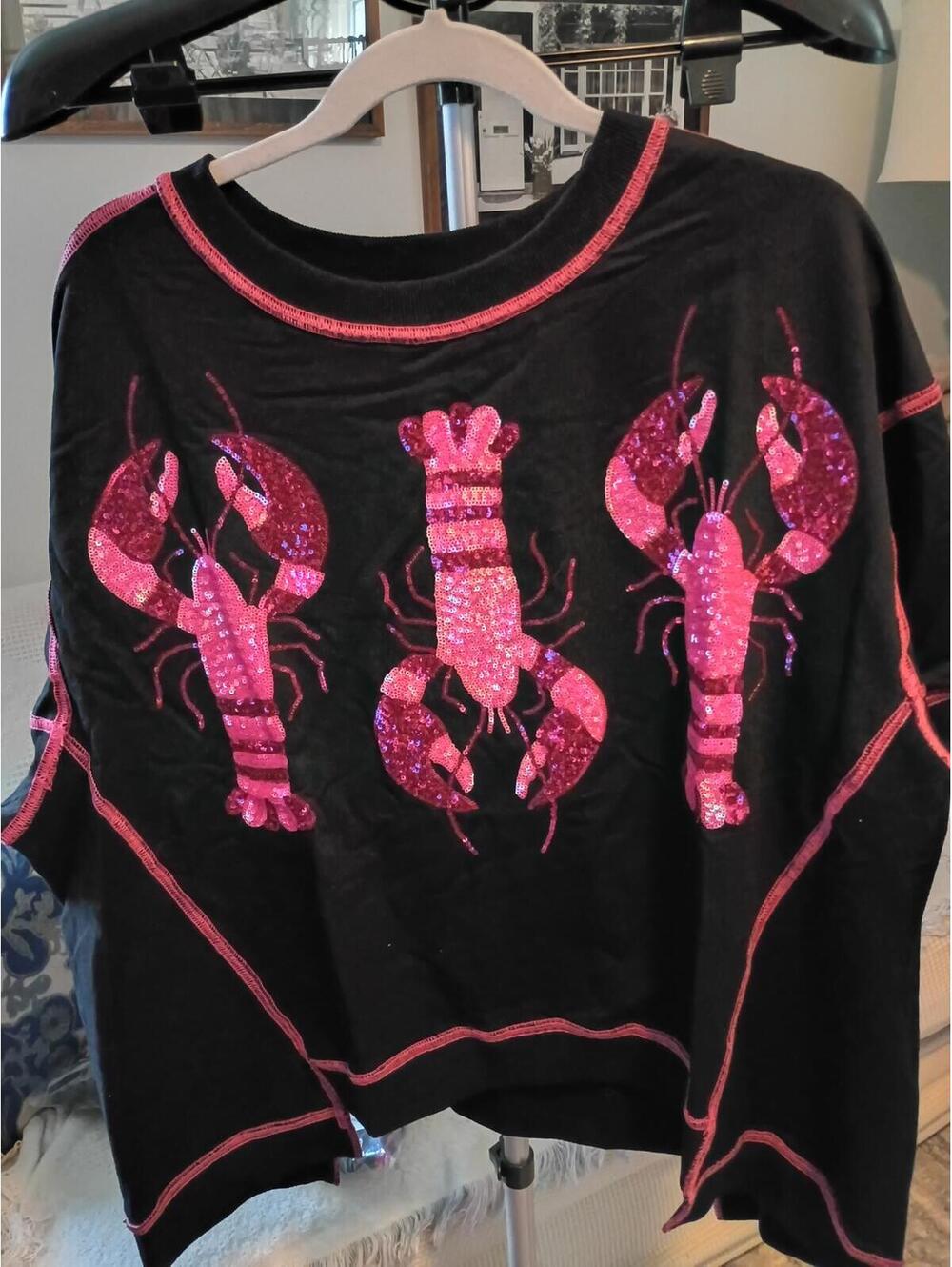 5 Fantastic Fawn Black Pullover Sweatshirt with Pink Sequin Lobster Graphic